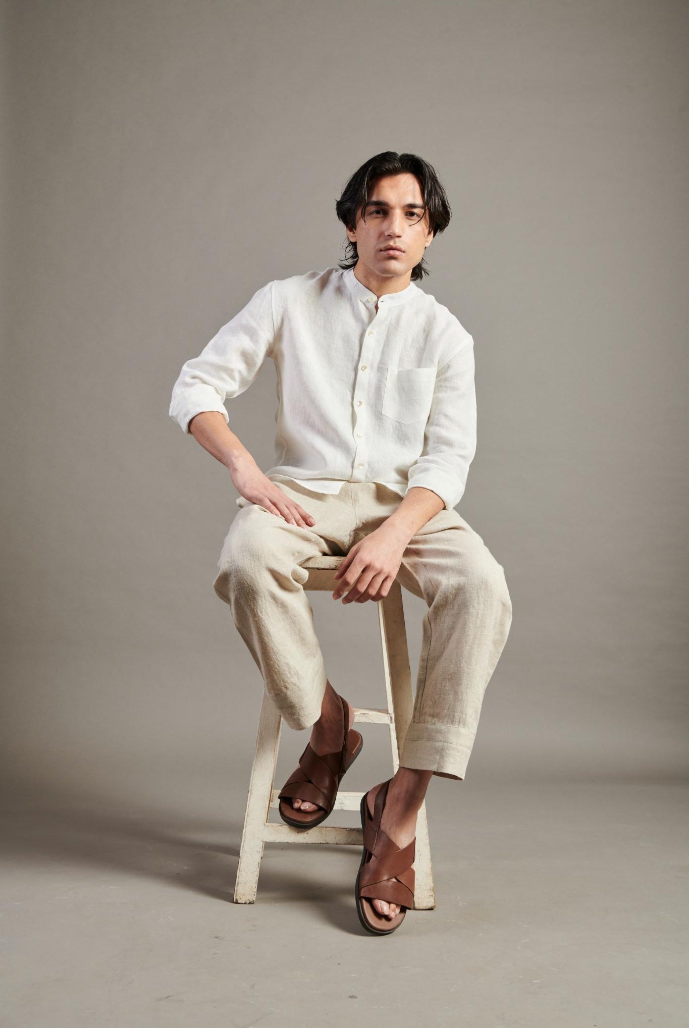 Taj Linen Band Collar Shirt - CiceroniShirtsSaphed