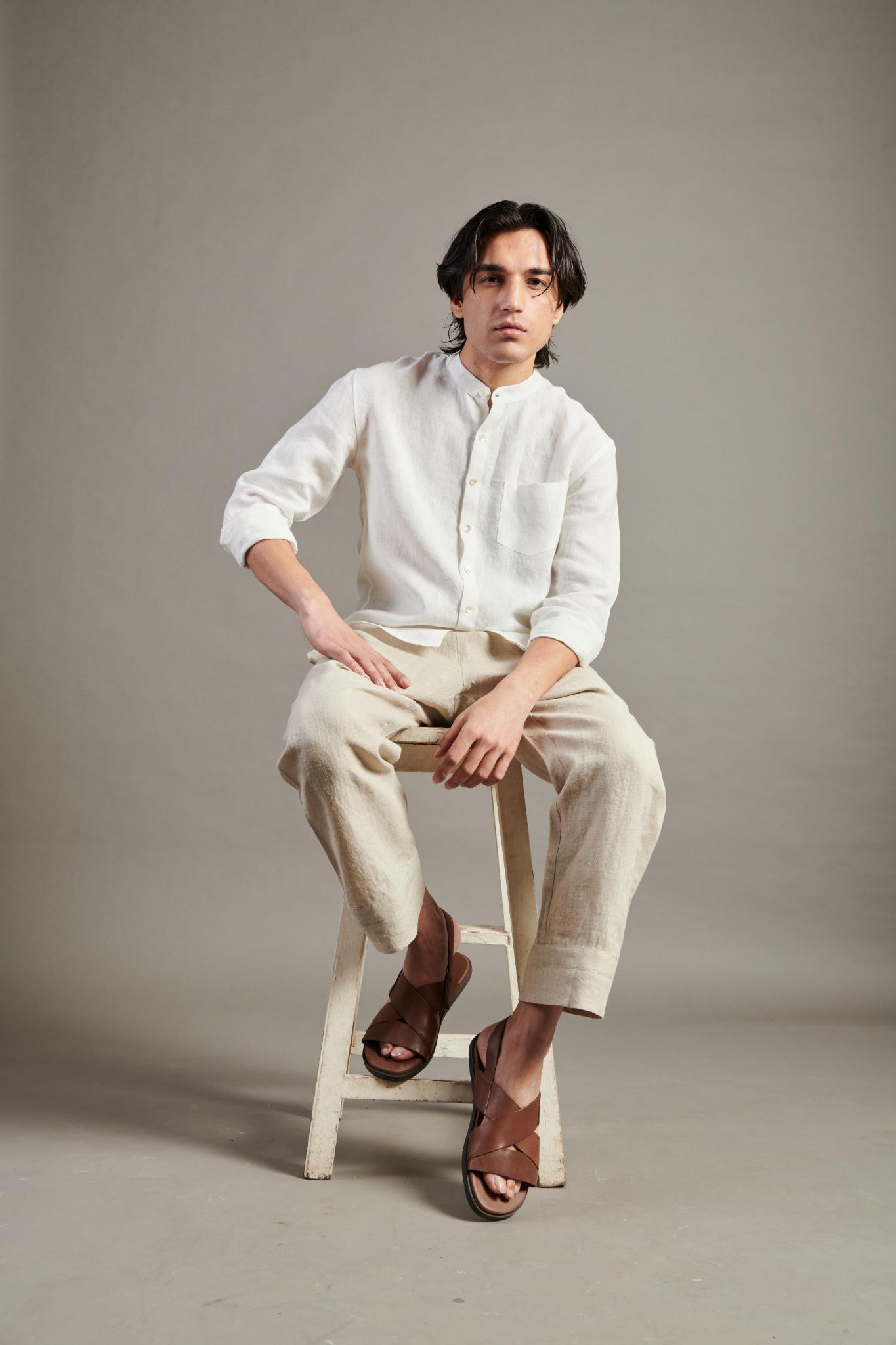 Taj Linen Band Collar Shirt - CiceroniShirtsSaphed