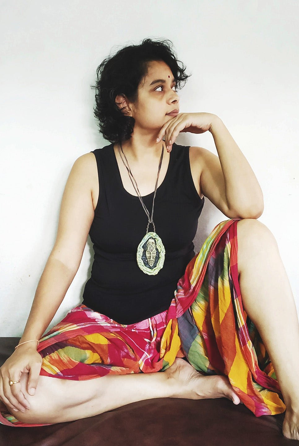 Tribal Lady Mask Pendant - Light Green and Black - CiceroniNeckpieceAranya Earthcraft