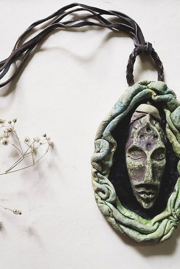 Tribal Lady Mask Pendant - Light Green and Black - CiceroniNeckpieceAranya Earthcraft