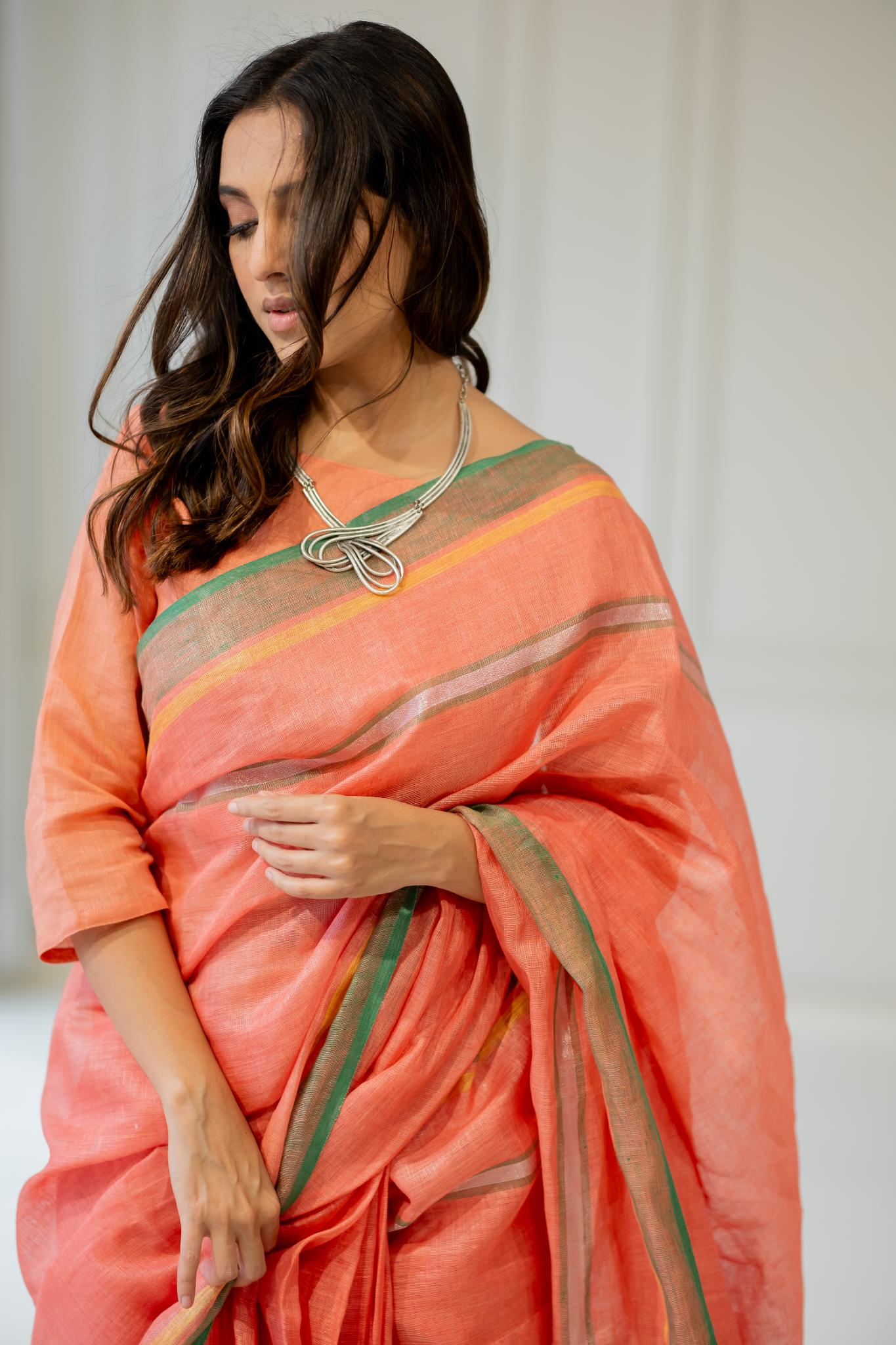 Tropical Apricot Linen Saree - CiceroniSareeSilai Studio