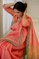 Tropical Apricot Linen Saree - CiceroniSareeSilai Studio