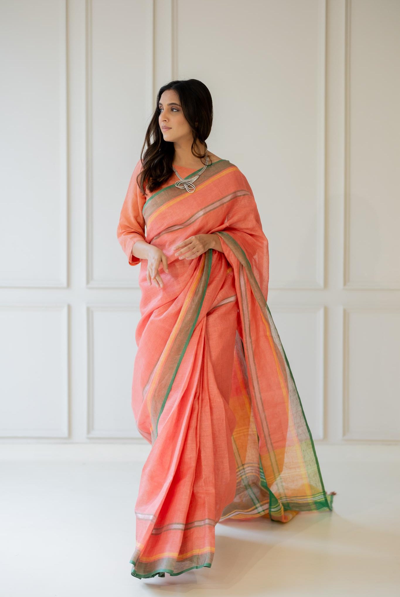 Tropical Apricot Linen Saree - CiceroniSareeSilai Studio