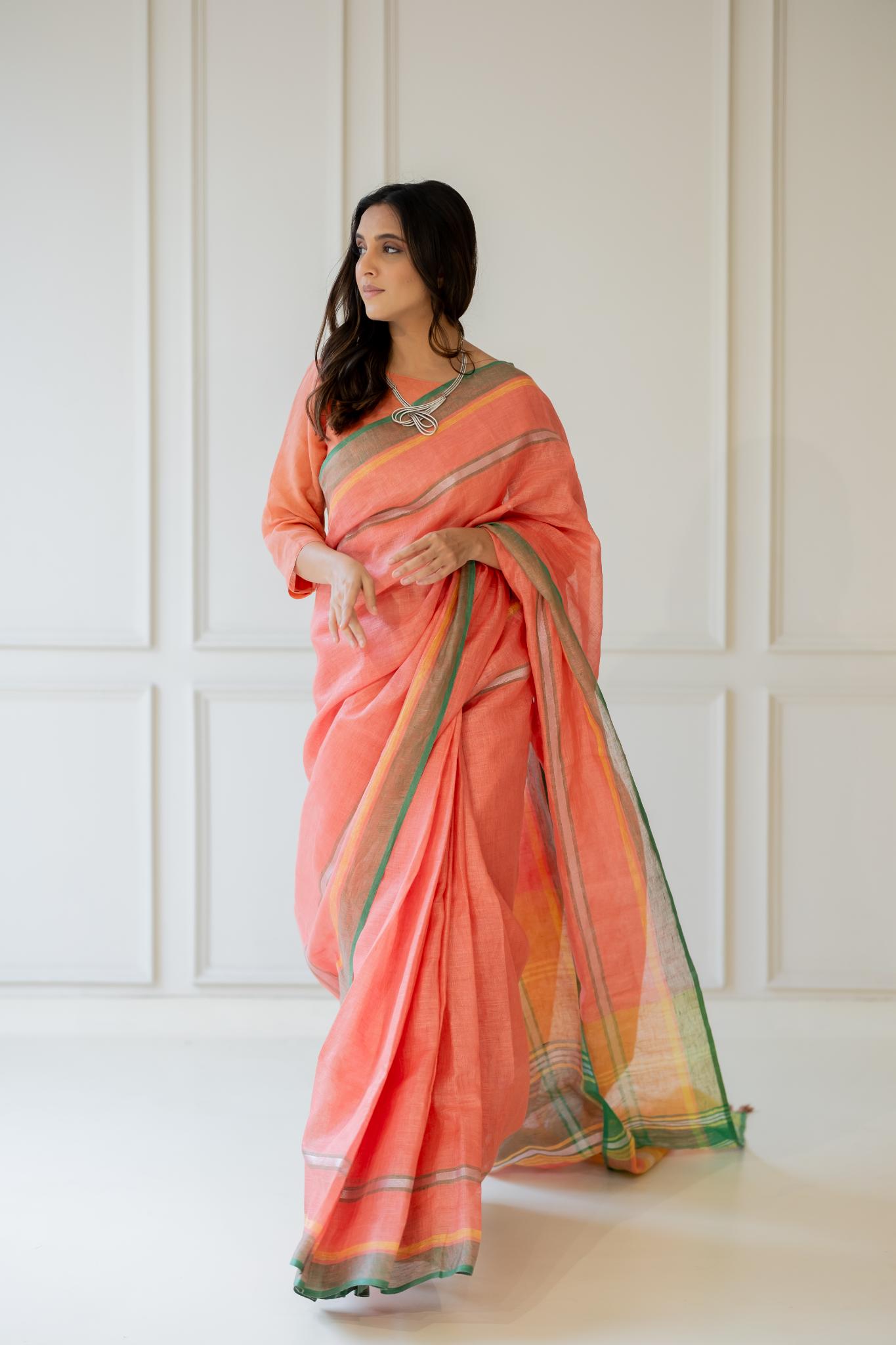 Tropical Apricot Linen Saree - CiceroniSareeSilai Studio