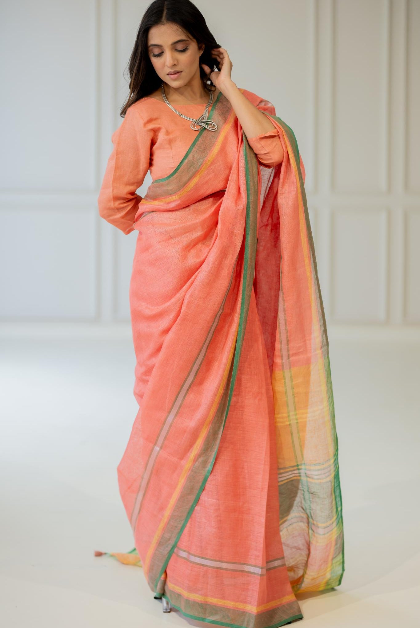 Tropical Apricot Linen Saree - CiceroniSareeSilai Studio