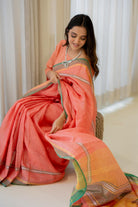 Tropical Apricot Linen Saree - CiceroniSareeSilai Studio
