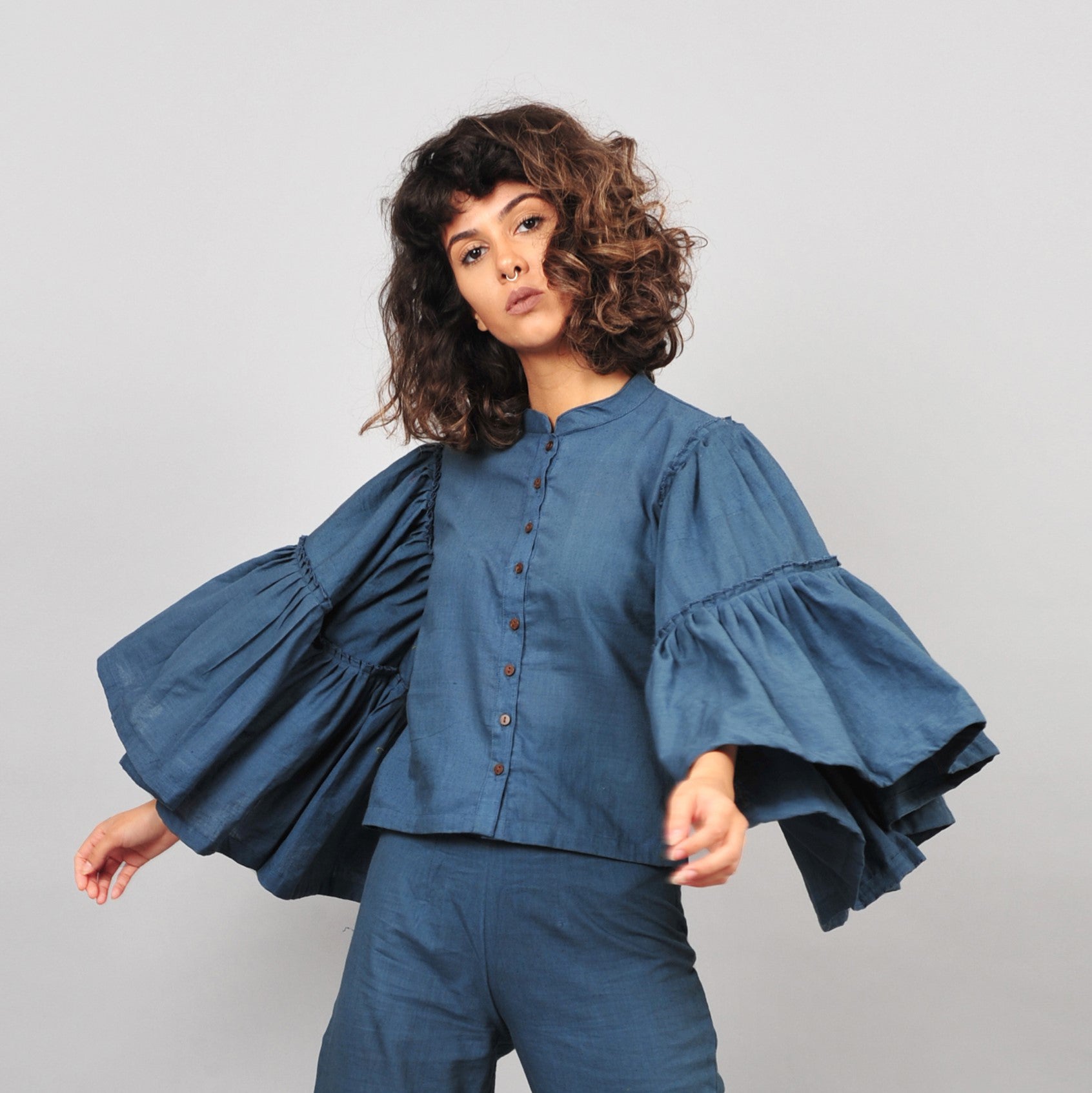 Umbrella Khadi Blouse - Blue - CiceroniRias Jaipur