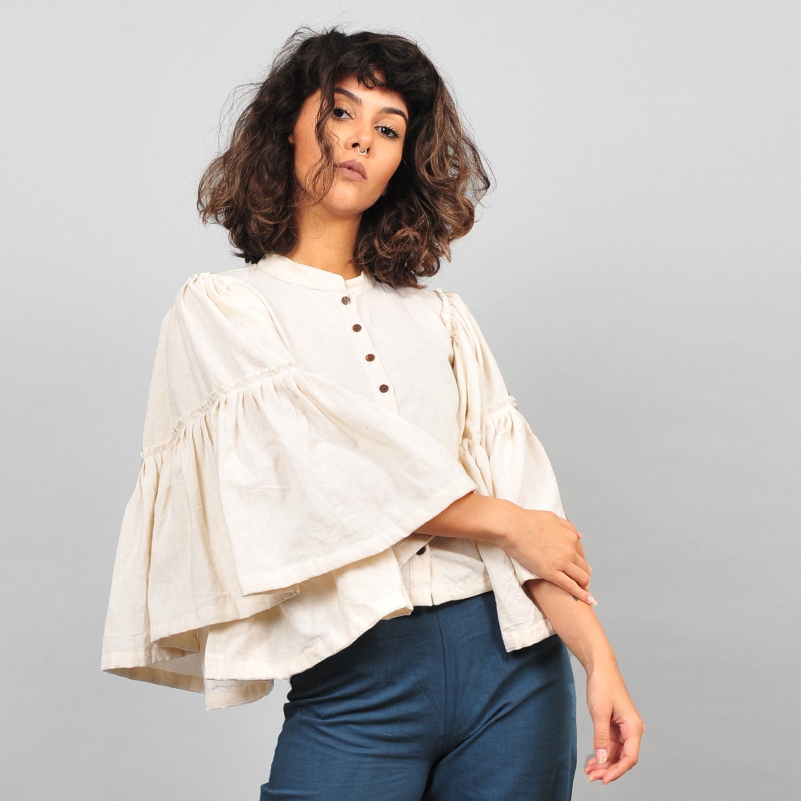 Umbrella Khadi Blouse - Off White - CiceroniRias Jaipur