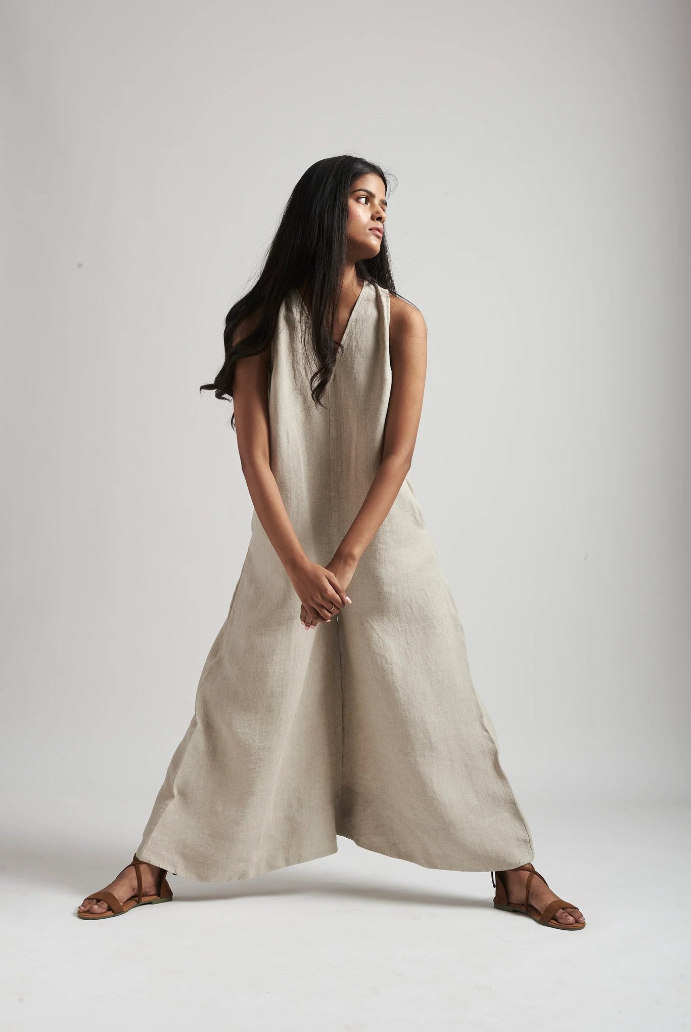 Undyed Linen Flared Jumpsuit - CiceroniJumpsuitSaphed