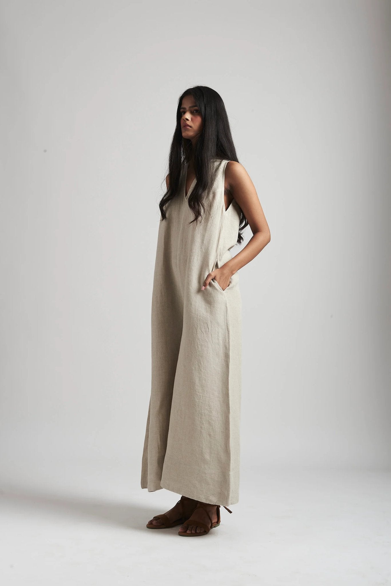 Undyed Linen Flared Jumpsuit - CiceroniJumpsuitSaphed