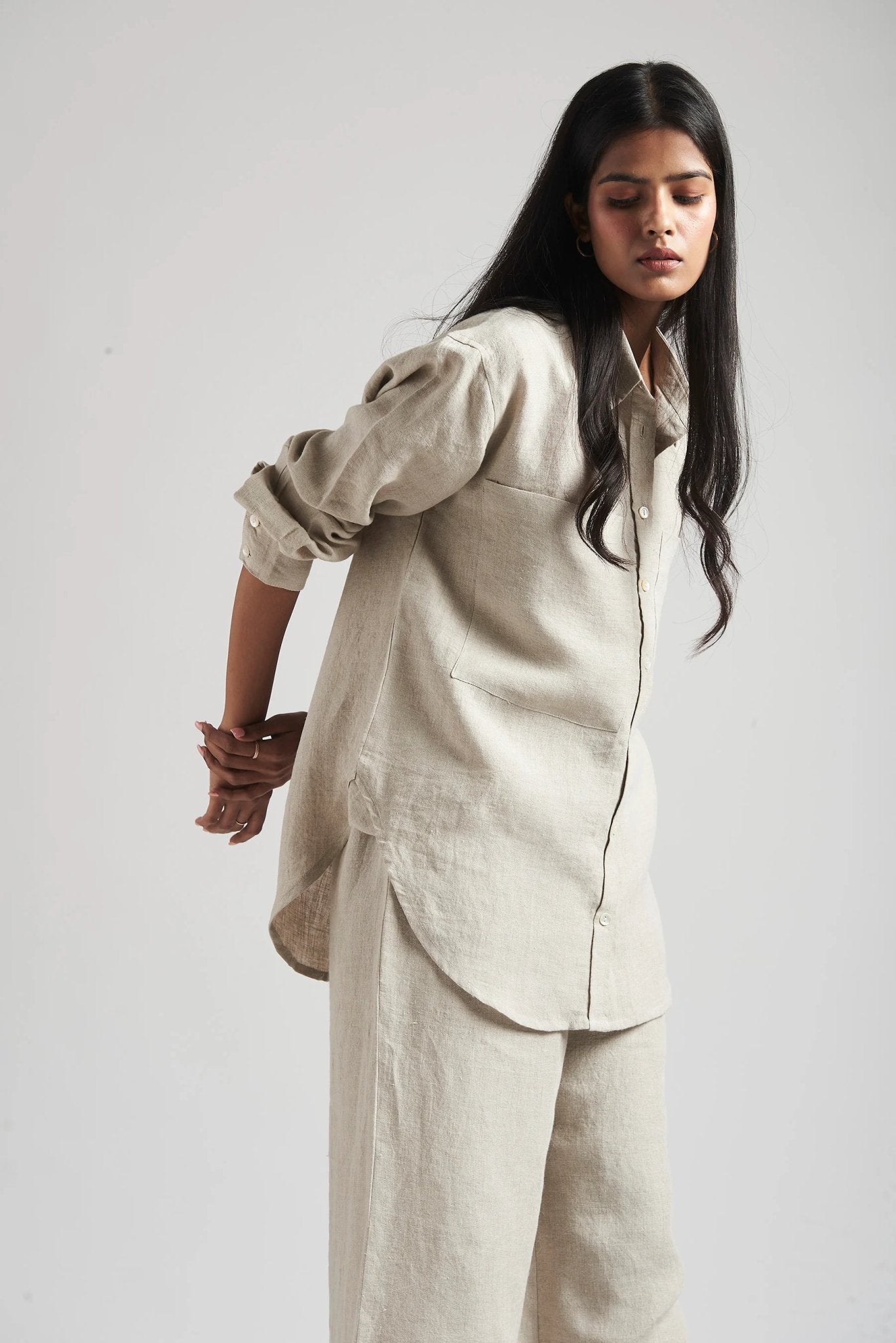 Undyed Linen Oversized Pocket Shirt Set - CiceroniCo-ord SetSaphed