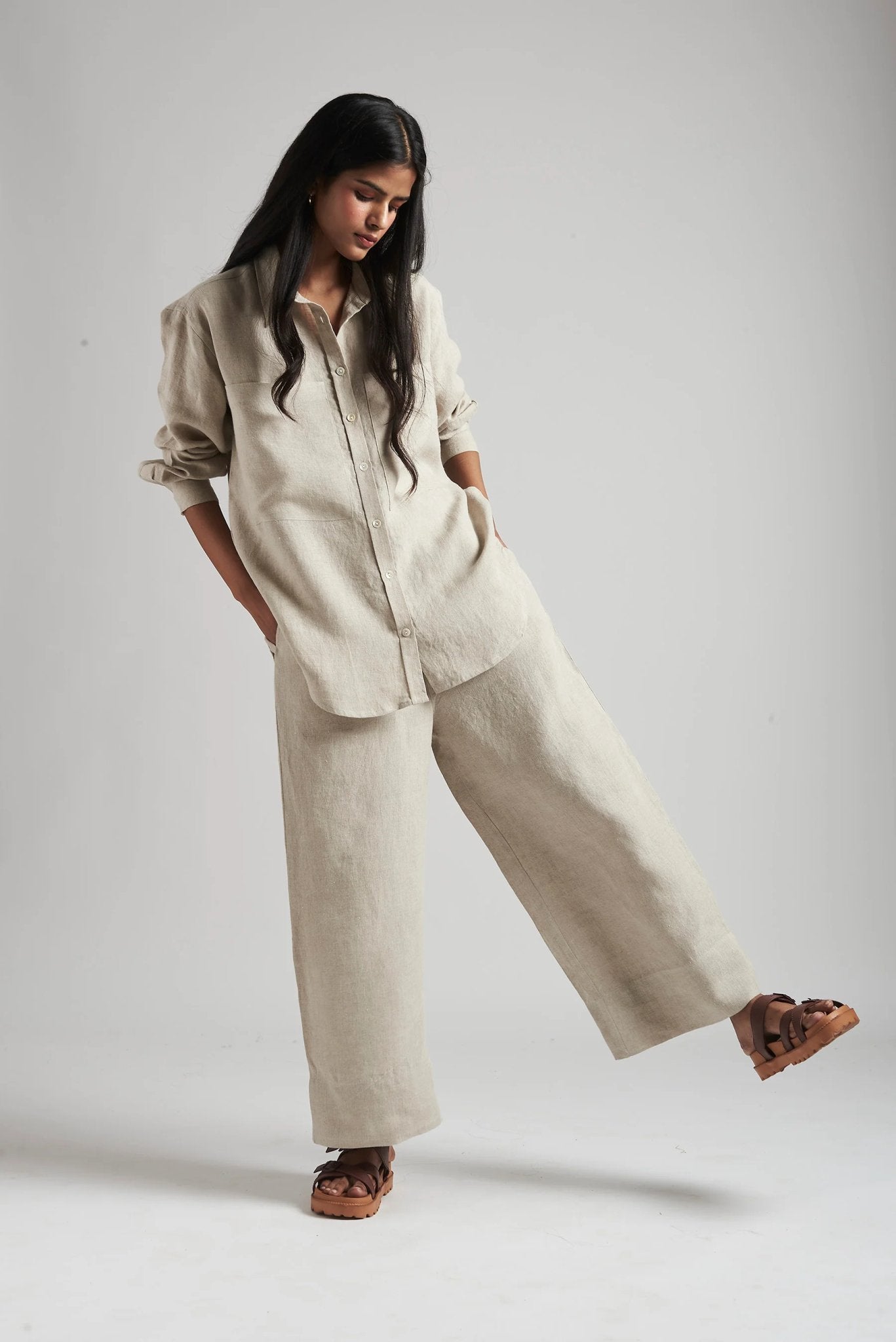 Undyed Linen Oversized Pocket Shirt Set - CiceroniCo-ord SetSaphed