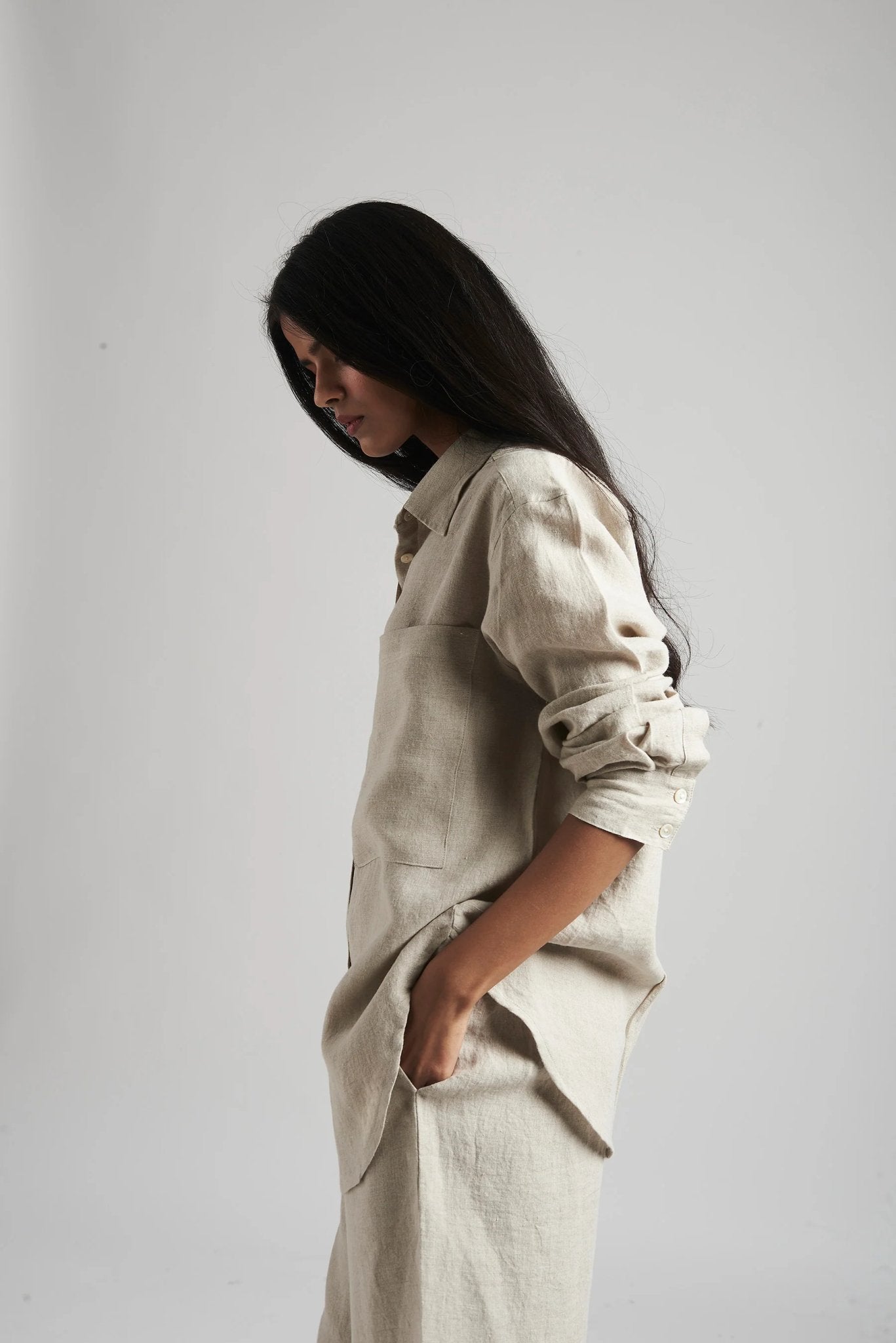 Undyed Linen Oversized Pocket Shirt Set - CiceroniCo-ord SetSaphed