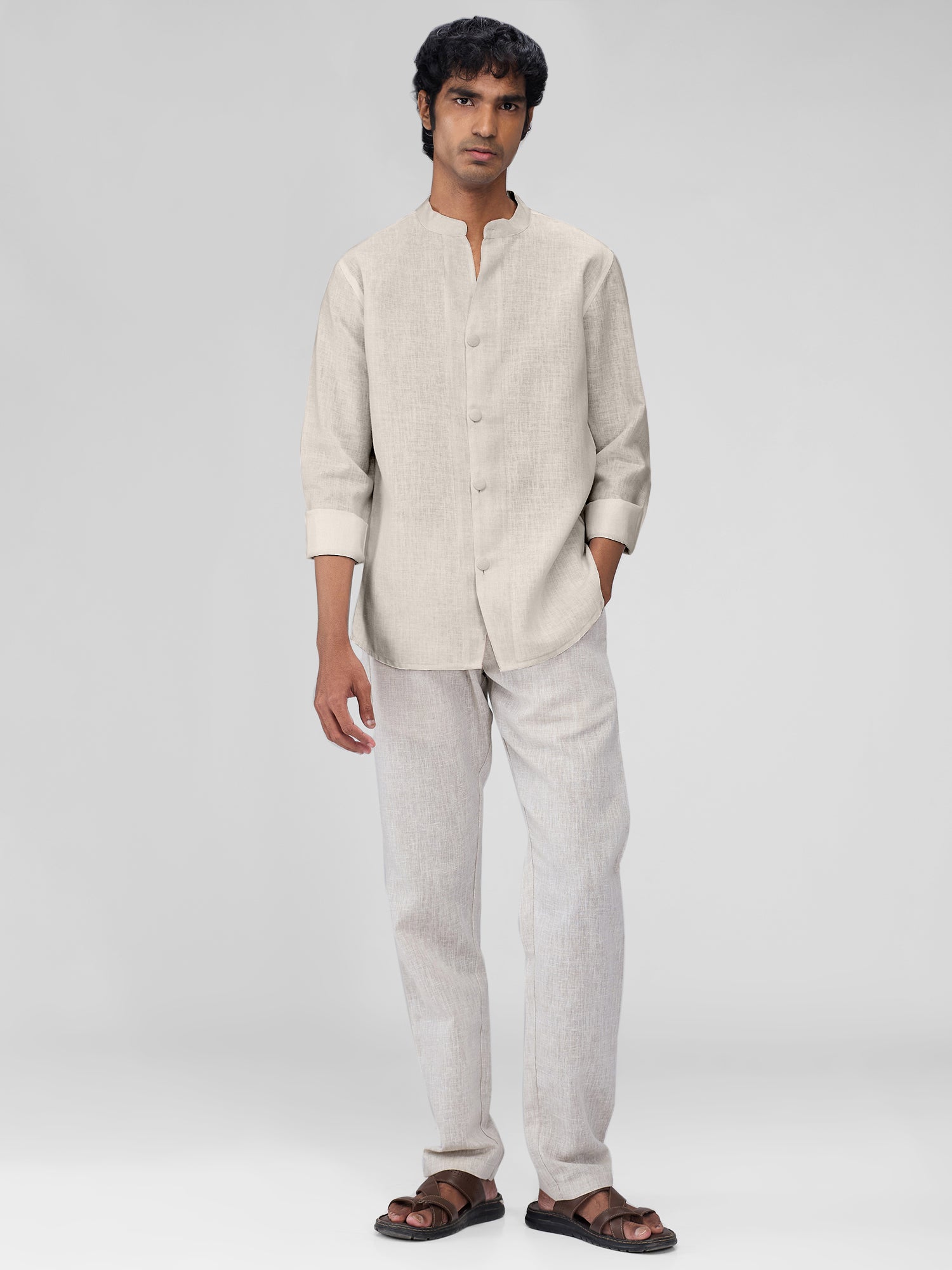 Airavat Mandarin | Beige 100% Linen Shirt - CiceroniMen Shirtsbhrāta