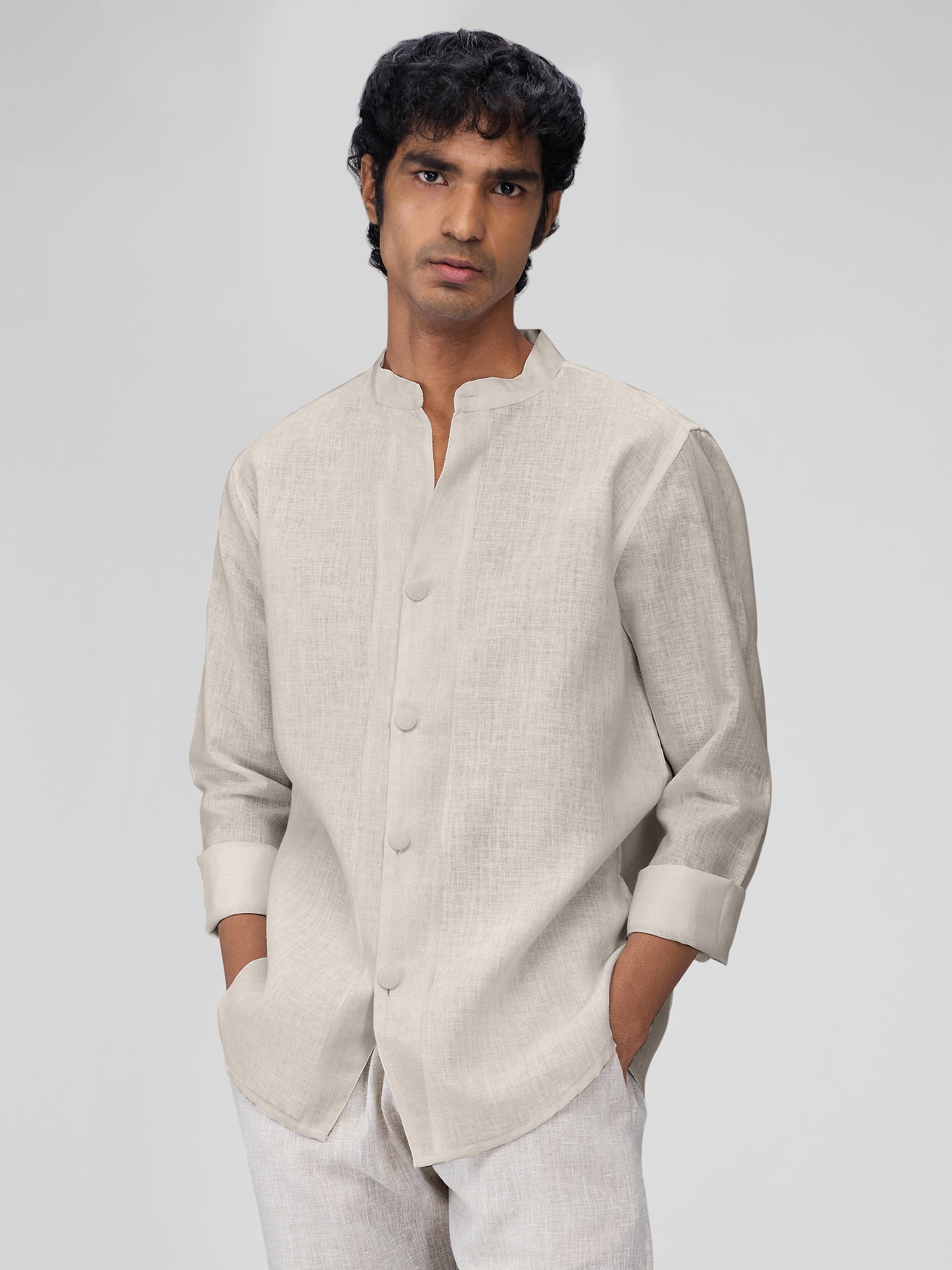 Airavat Mandarin | Beige 100% Linen Shirt - CiceroniMen Shirtsbhrāta