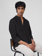 Airavat Mandarin | Black 100% Linen Shirt - CiceroniMen Shirtsbhrāta