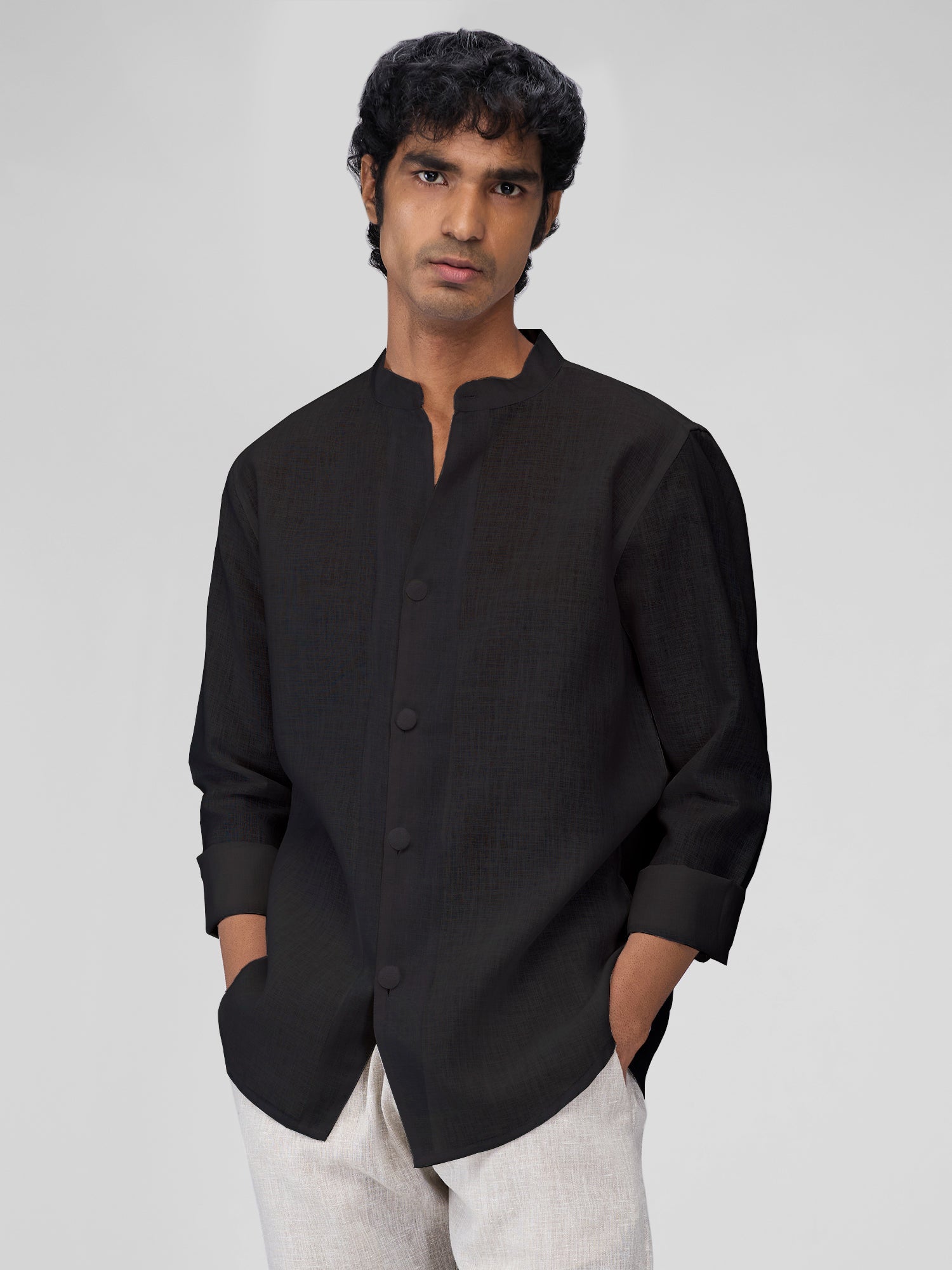 Airavat Mandarin | Black 100% Linen Shirt - CiceroniMen Shirtsbhrāta