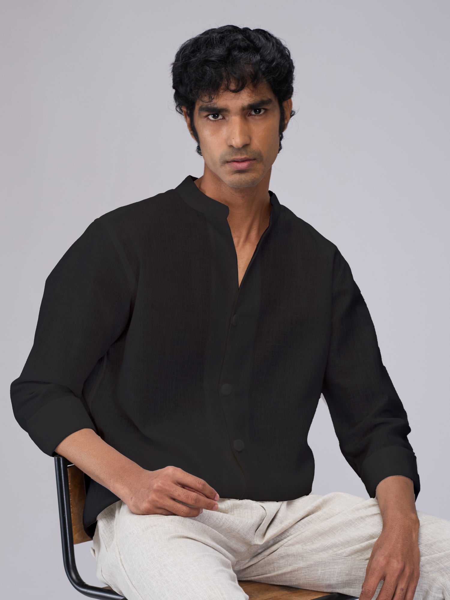 Airavat Mandarin | Black 100% Linen Shirt - CiceroniMen Shirtsbhrāta