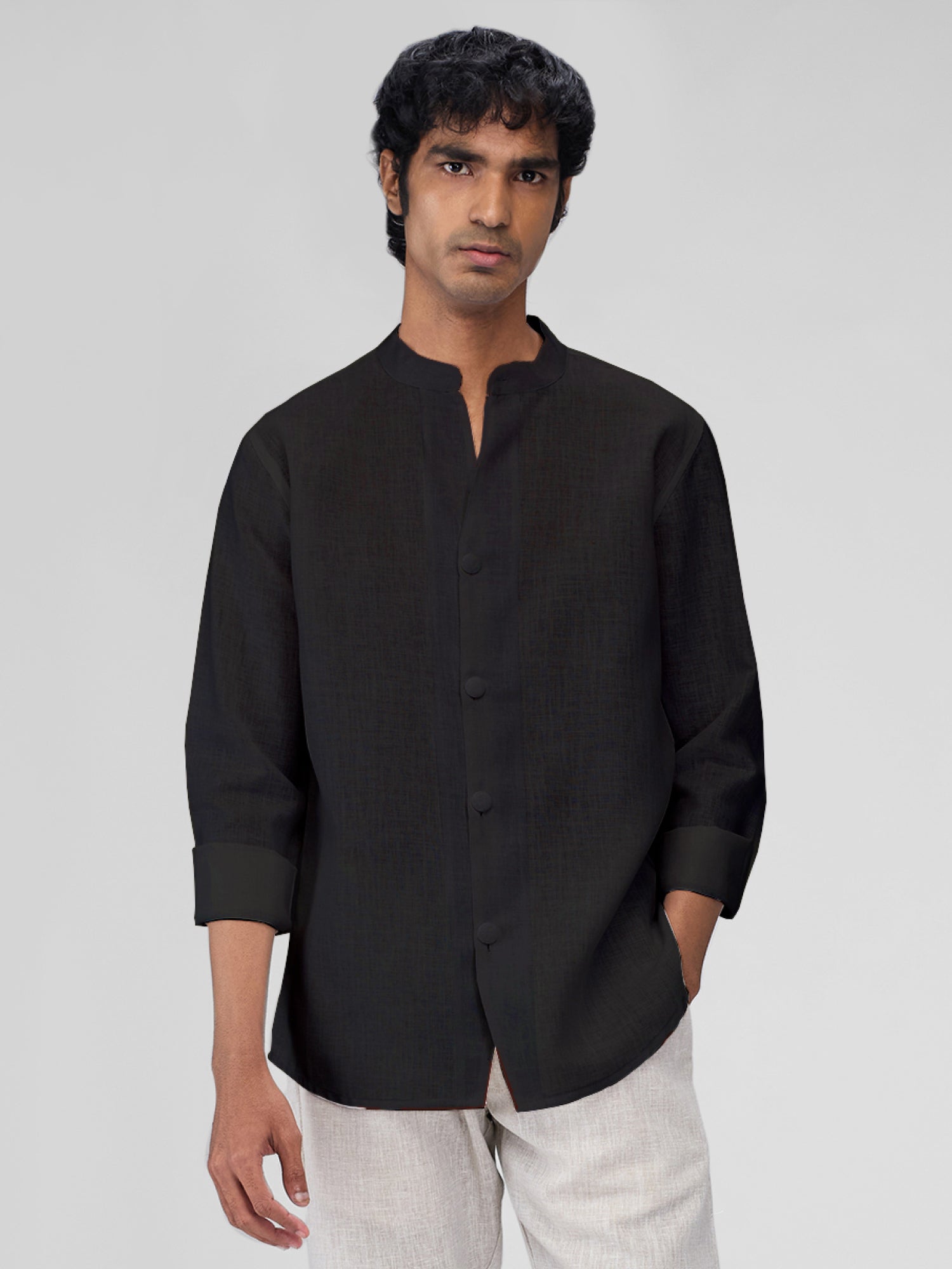 Airavat Mandarin | Black 100% Linen Shirt - CiceroniMen Shirtsbhrāta