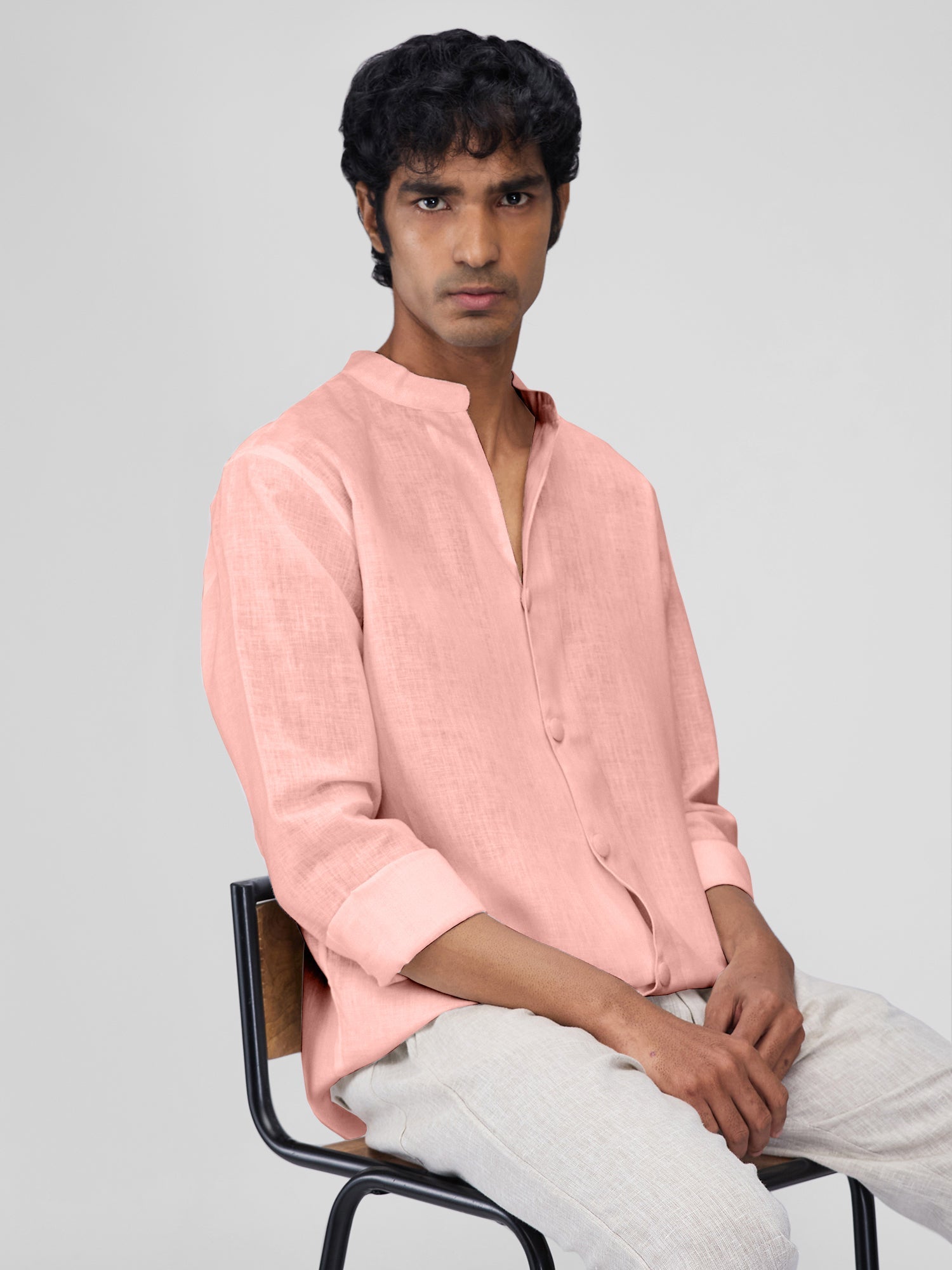 Airavat Mandarin | Coral Peach 100% Linen Shirt - CiceroniMen Shirtsbhrāta