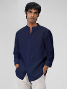 Airavat Mandarin | Navy 100% Linen Shirt - CiceroniMen Shirtsbhrāta