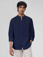 Airavat Mandarin | Navy 100% Linen Shirt - CiceroniMen Shirtsbhrāta