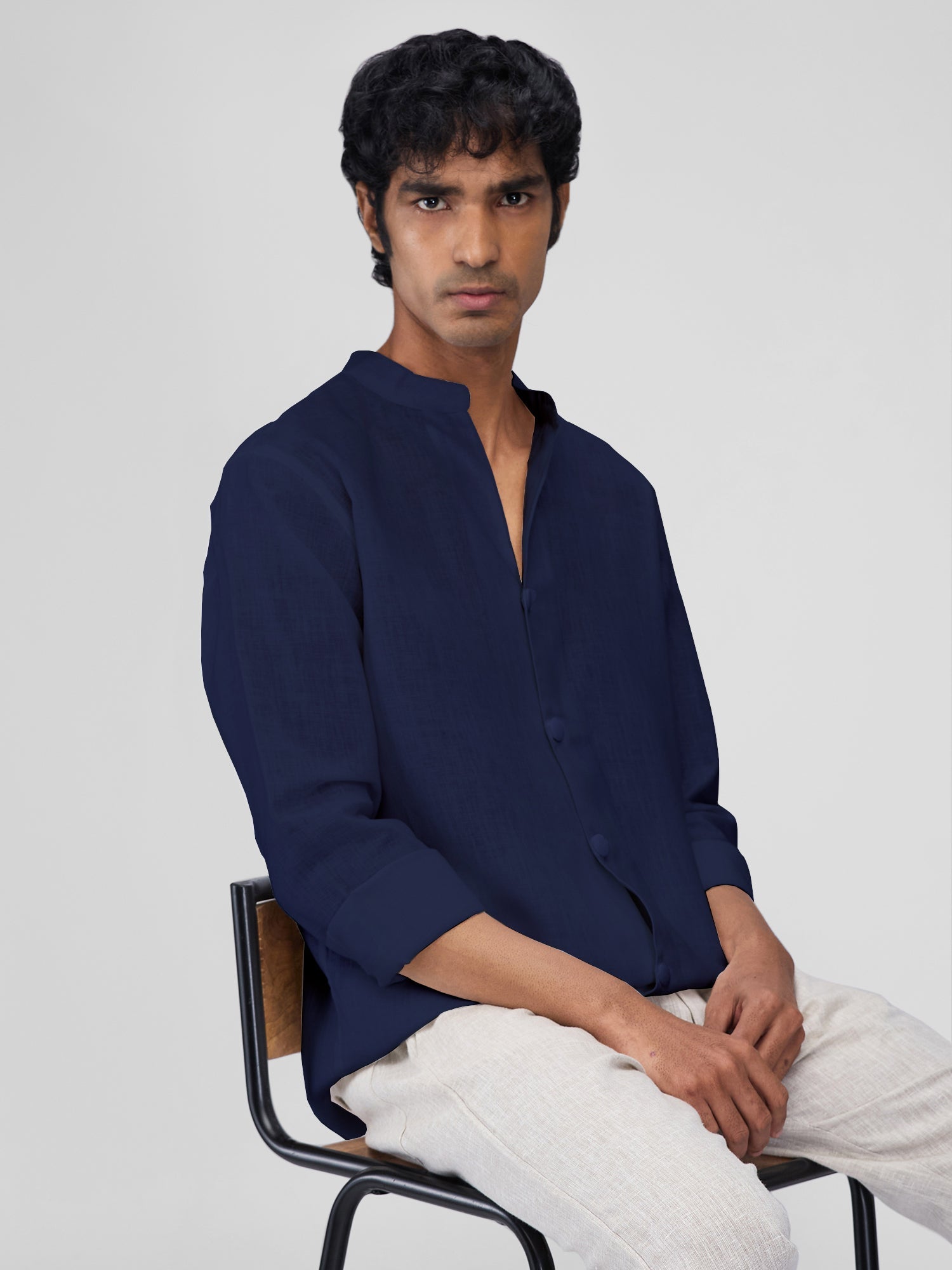 Airavat Mandarin | Navy 100% Linen Shirt - CiceroniMen Shirtsbhrāta