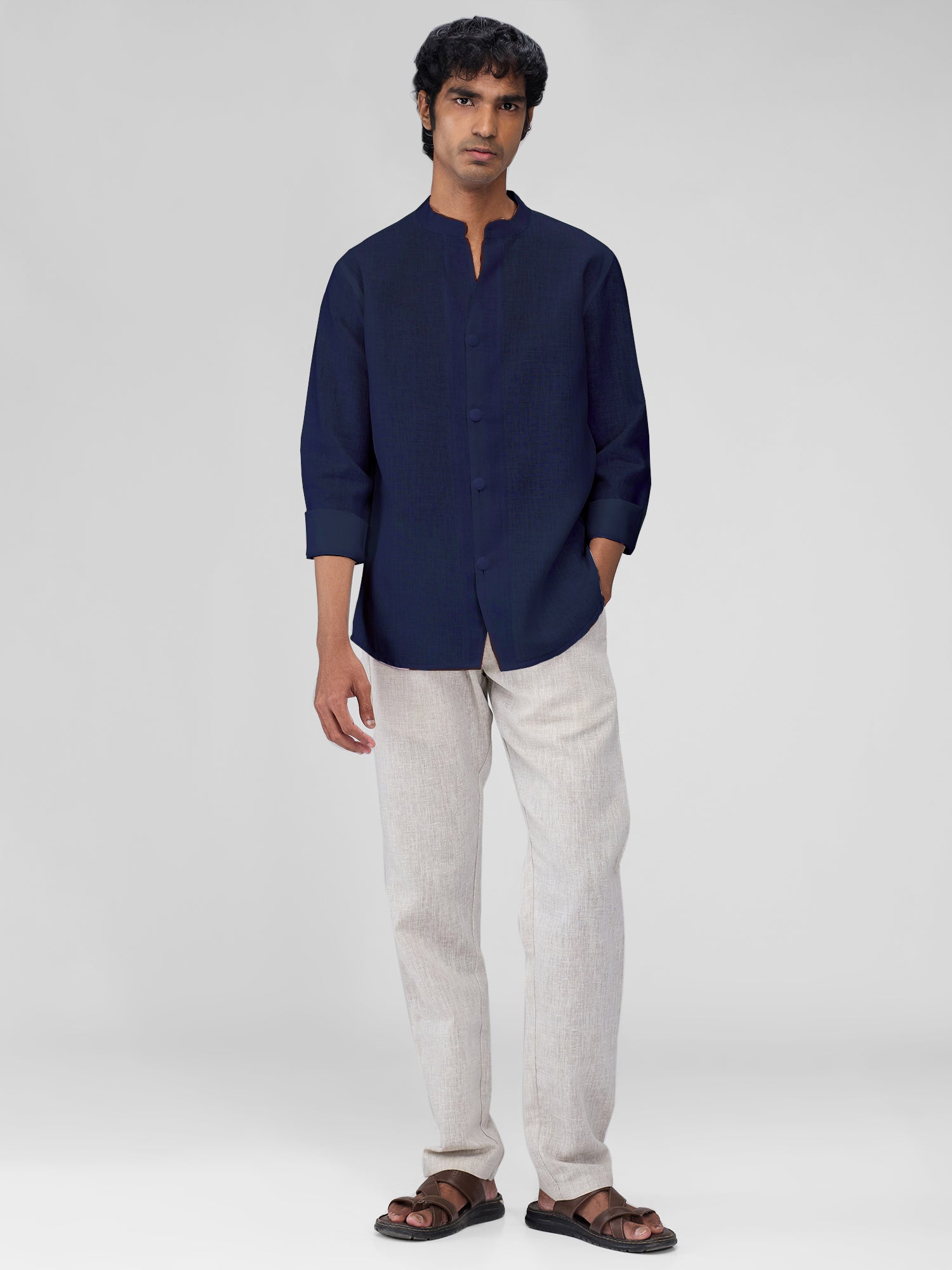 Airavat Mandarin | Navy 100% Linen Shirt - CiceroniMen Shirtsbhrāta