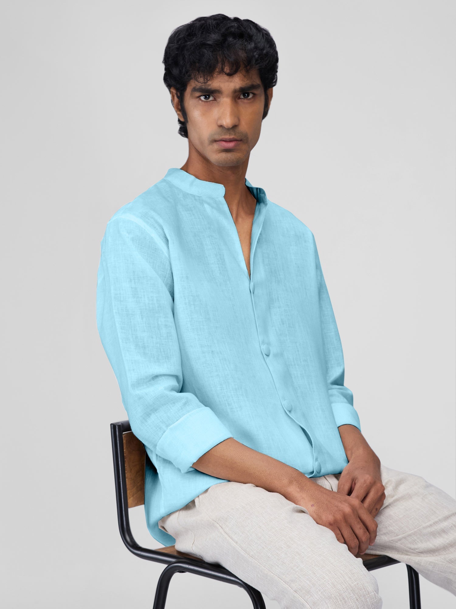 Airavat Mandarin | Sky Blue 100% Linen Shirt - CiceroniMen Shirtsbhrāta