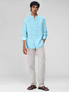 Airavat Mandarin | Sky Blue 100% Linen Shirt - CiceroniMen Shirtsbhrāta