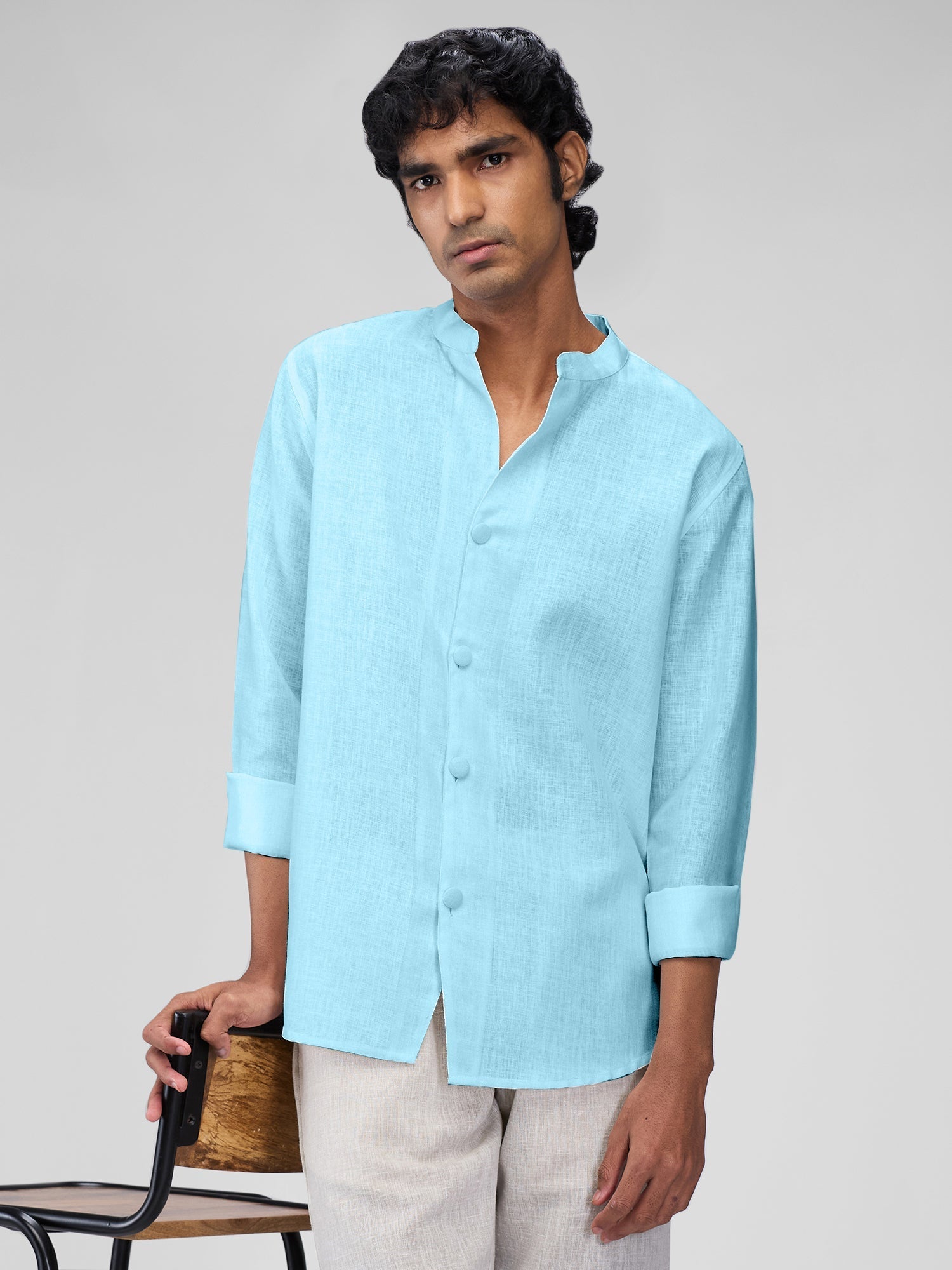 Airavat Mandarin | Sky Blue 100% Linen Shirt - CiceroniMen Shirtsbhrāta