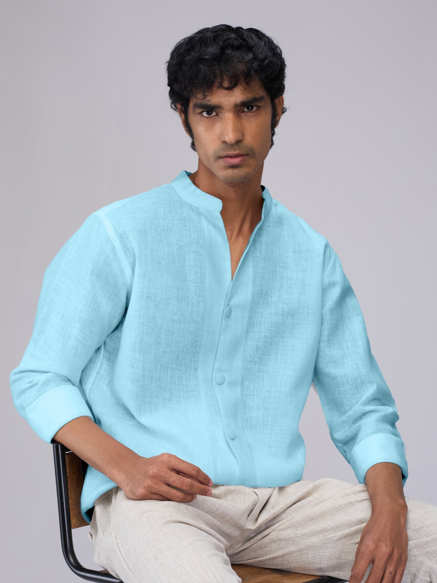 Airavat Mandarin | Sky Blue 100% Linen Shirt - CiceroniMen Shirtsbhrāta