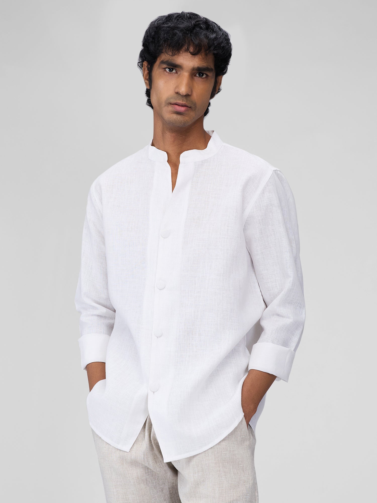 Airavat Mandarin | White 100% Linen Shirt - CiceroniMen Shirtsbhrāta