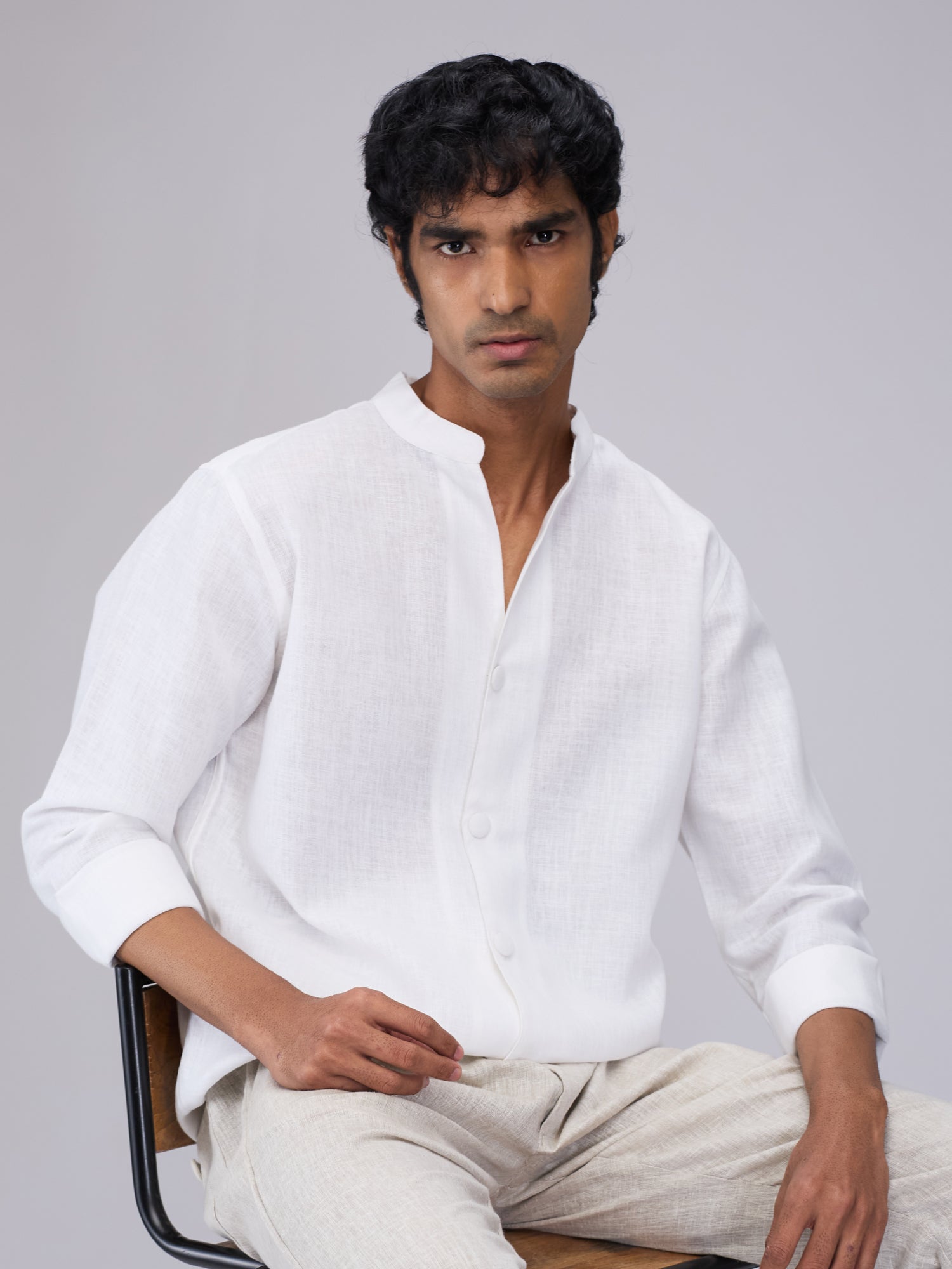 Airavat Mandarin | White 100% Linen Shirt - CiceroniMen Shirtsbhrāta