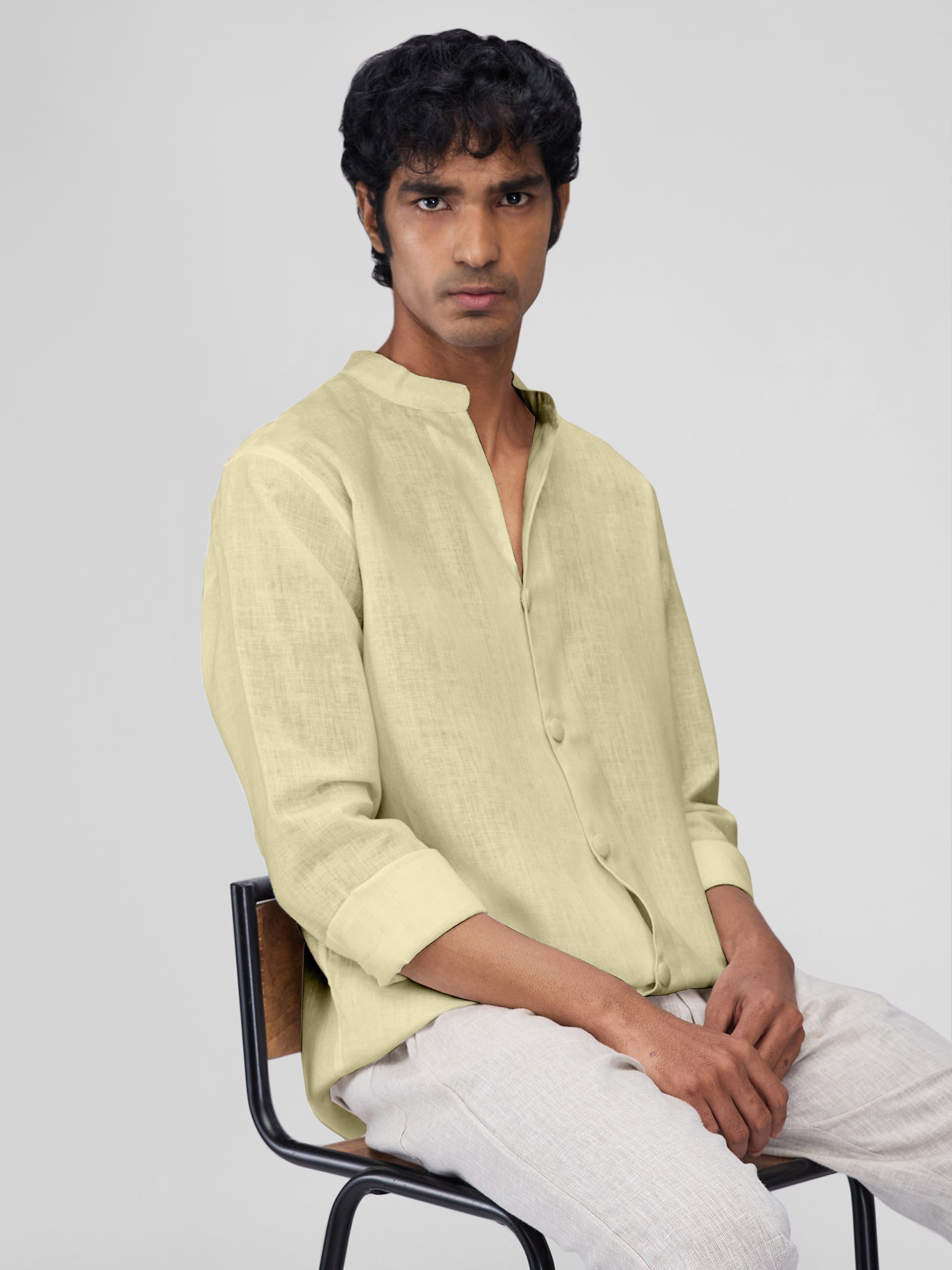 Airavat Mandarin | Yellow 100% Linen Shirt - CiceroniMen Shirtsbhrāta