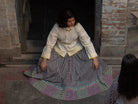 Anaaro - charcoal Khara panelled skirt in hand block print striped cotton with neon hand block print border - CiceroniSkirtAnaaro