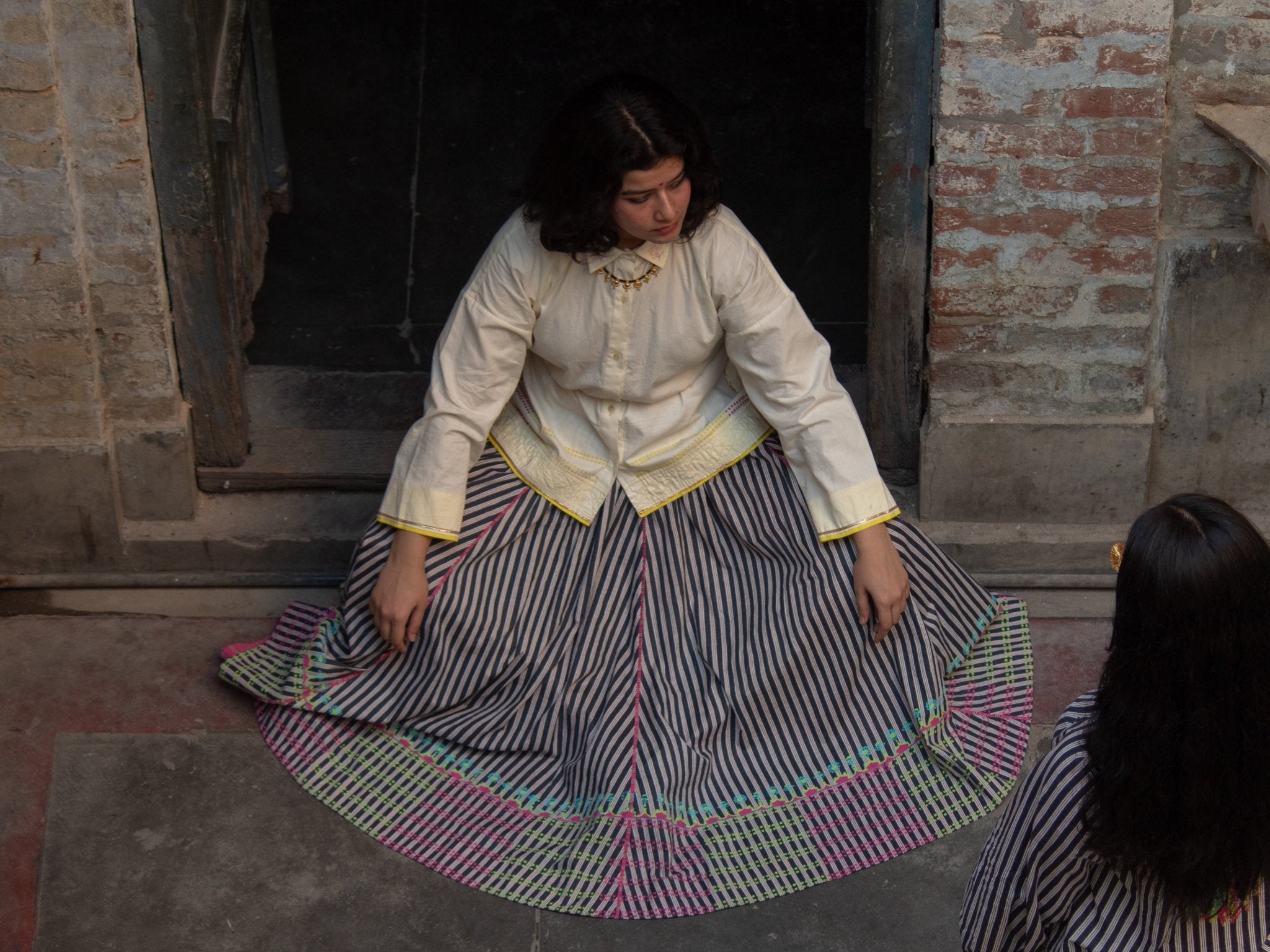 Anaaro - charcoal Khara panelled skirt in hand block print striped cotton with neon hand block print border - CiceroniSkirtAnaaro