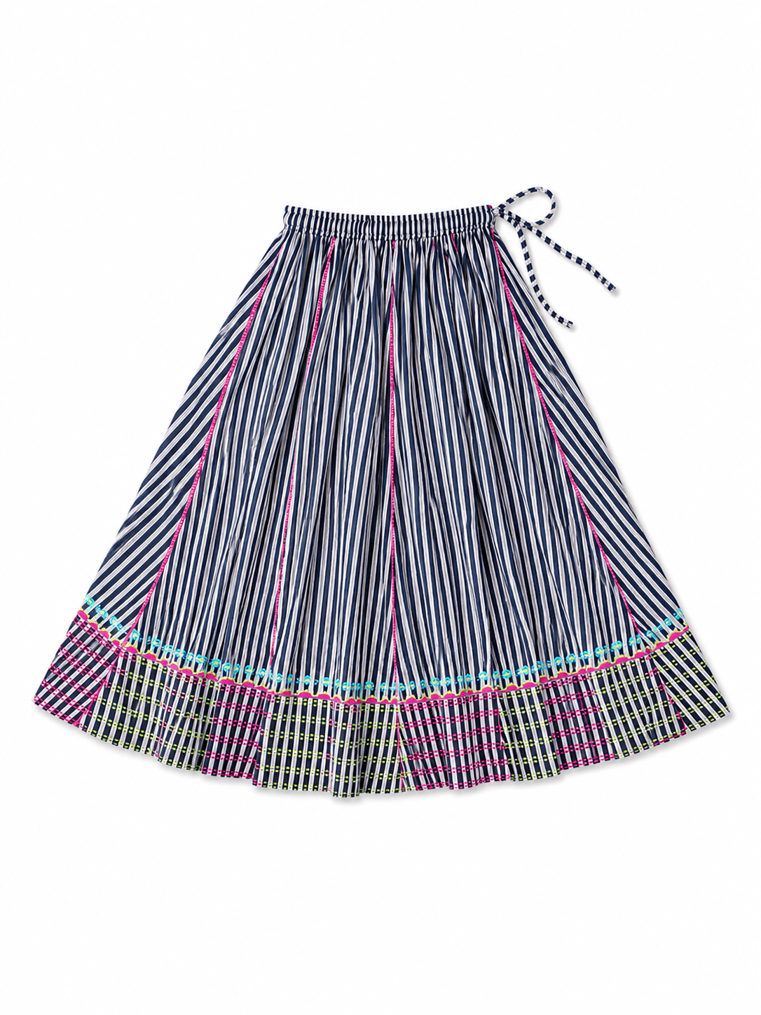 Anaaro - charcoal Khara panelled skirt in hand block print striped cotton with neon hand block print border - CiceroniSkirtAnaaro