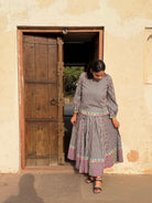Anaaro - charcoal Khara panelled skirt in hand block print striped cotton with neon hand block print border - CiceroniSkirtAnaaro
