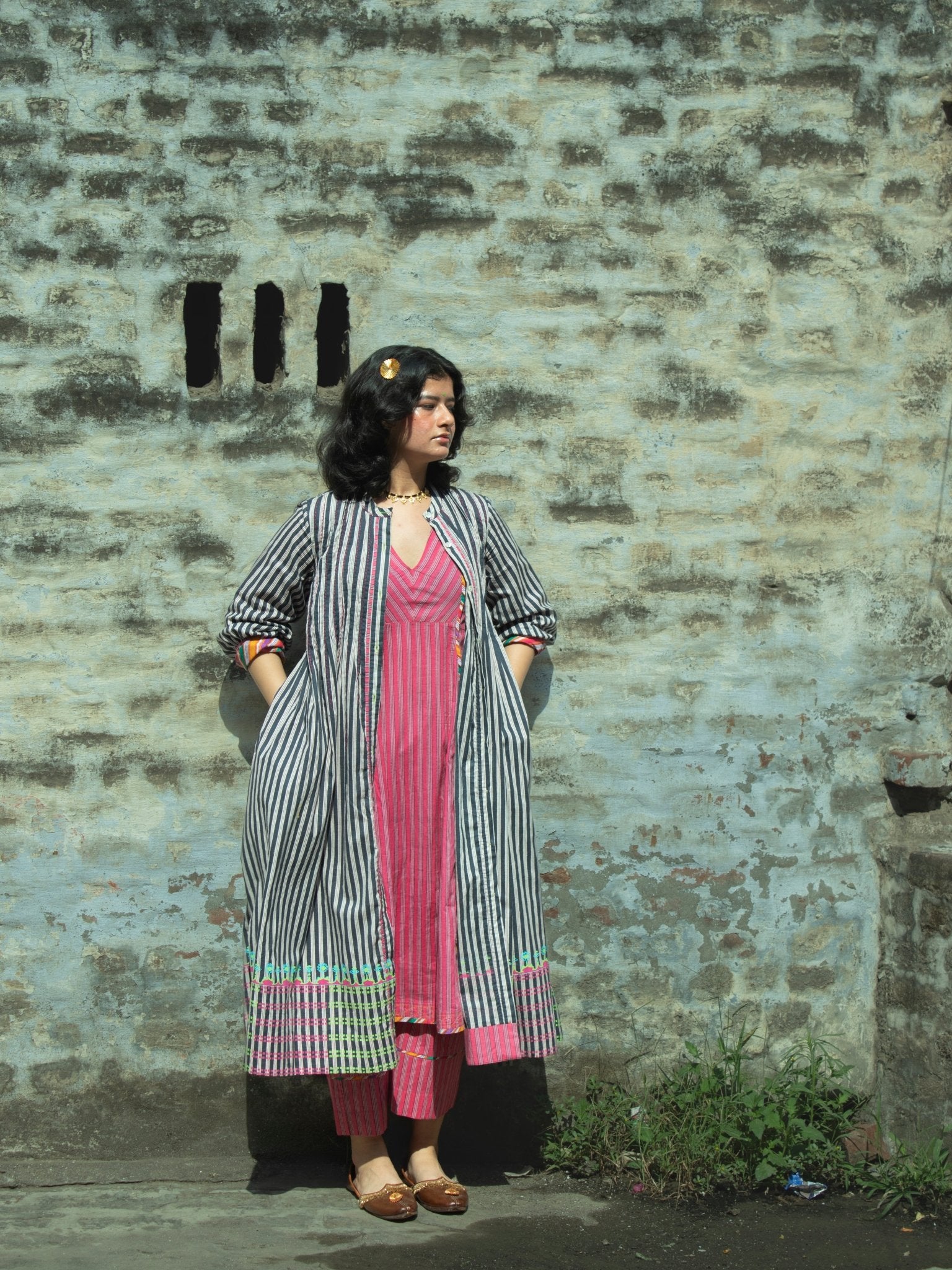Anaaro - charcoal Manori dress in 100% cotton, hand block printed stripes - CiceroniDressAnaaro