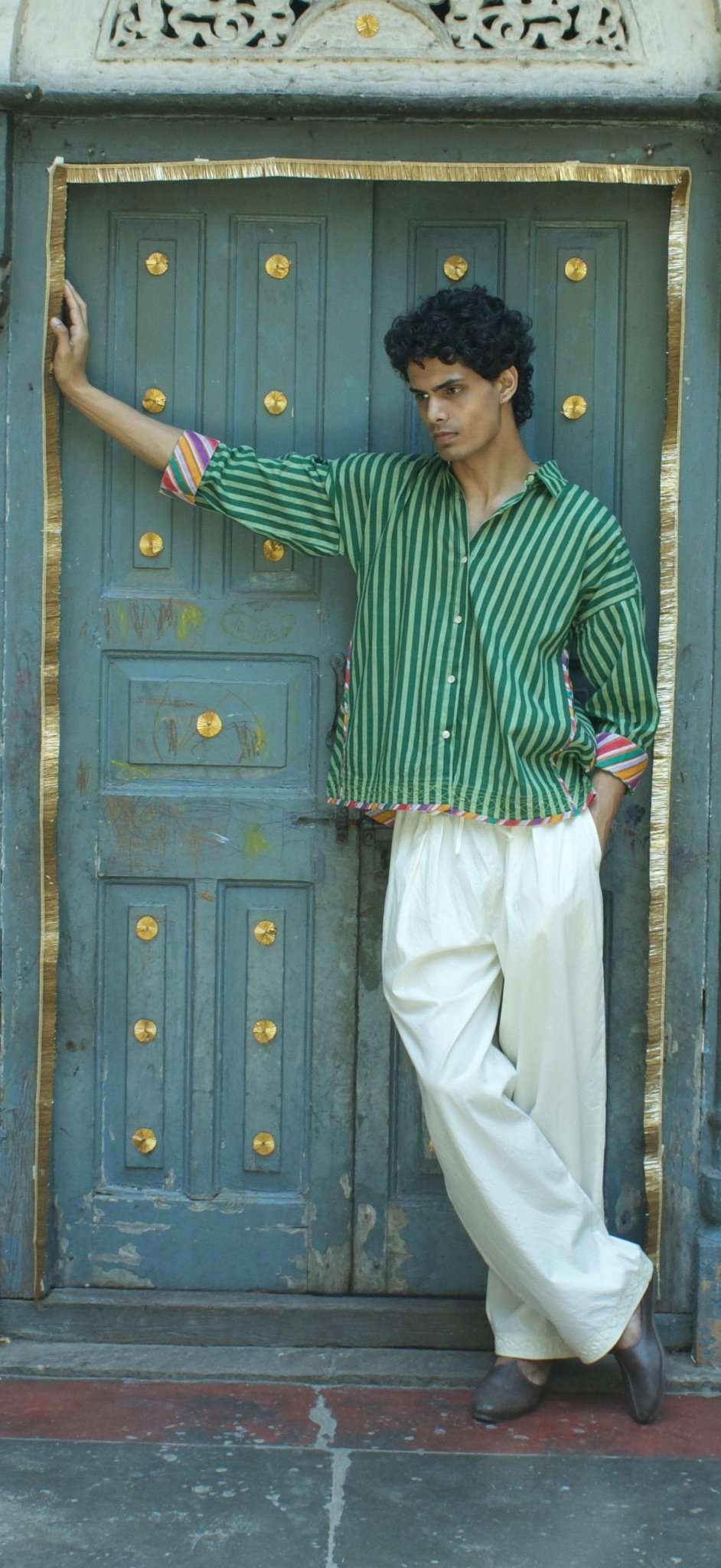 Anaaro - dill green Khamis shirt in 100% cotton block printed flared shirt - CiceroniUnisex ShirtsAnaaro