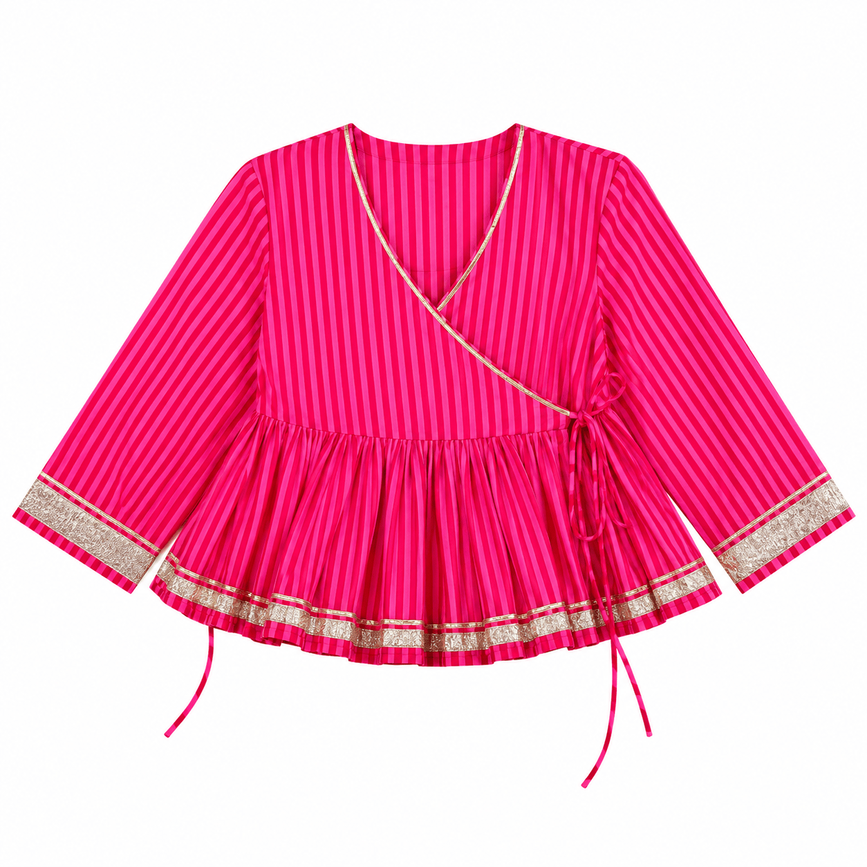 Anaaro - fuschia pink 100% cotton striped gathered peplum top - CiceroniTopsAnaaro