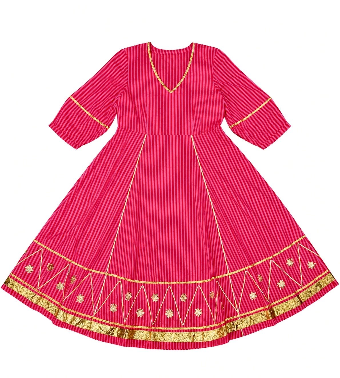 Anaaro - fuschia pink Bagdi dress in 100% striped cotton with hand embroidered gota flowers and sequins. - CiceroniDressAnaaro