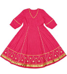 Anaaro - fuschia pink Bagdi dress in 100% striped cotton with hand embroidered gota flowers and sequins. - CiceroniDressAnaaro