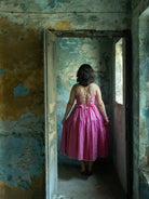 Anaaro - pink kanchli strappy dress in hand block print stripes with multicoloured piping detail - CiceroniDressAnaaro