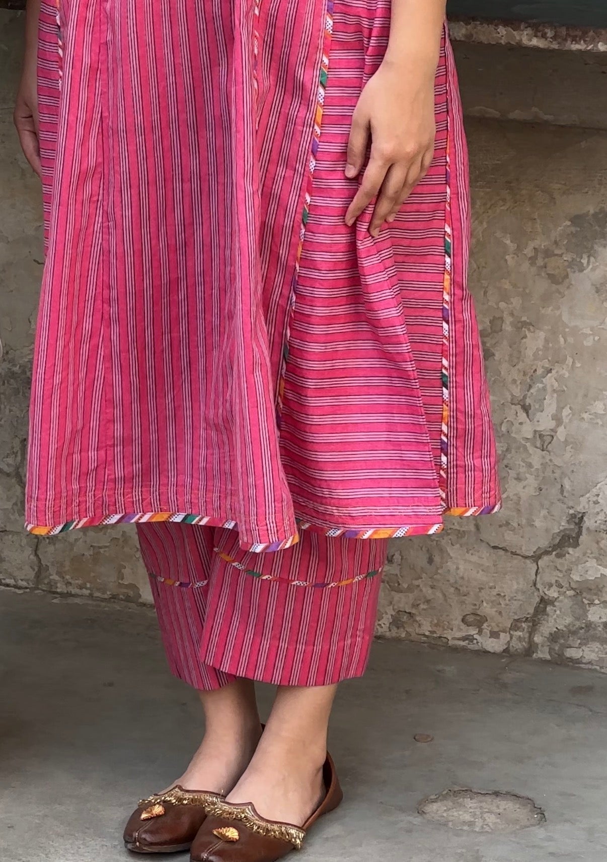 Anaaro - pink nohra kurta set in 100% cotton hand block print stripes with multicoloured piping - CiceroniKurta Set, Everyday WearAnaaro