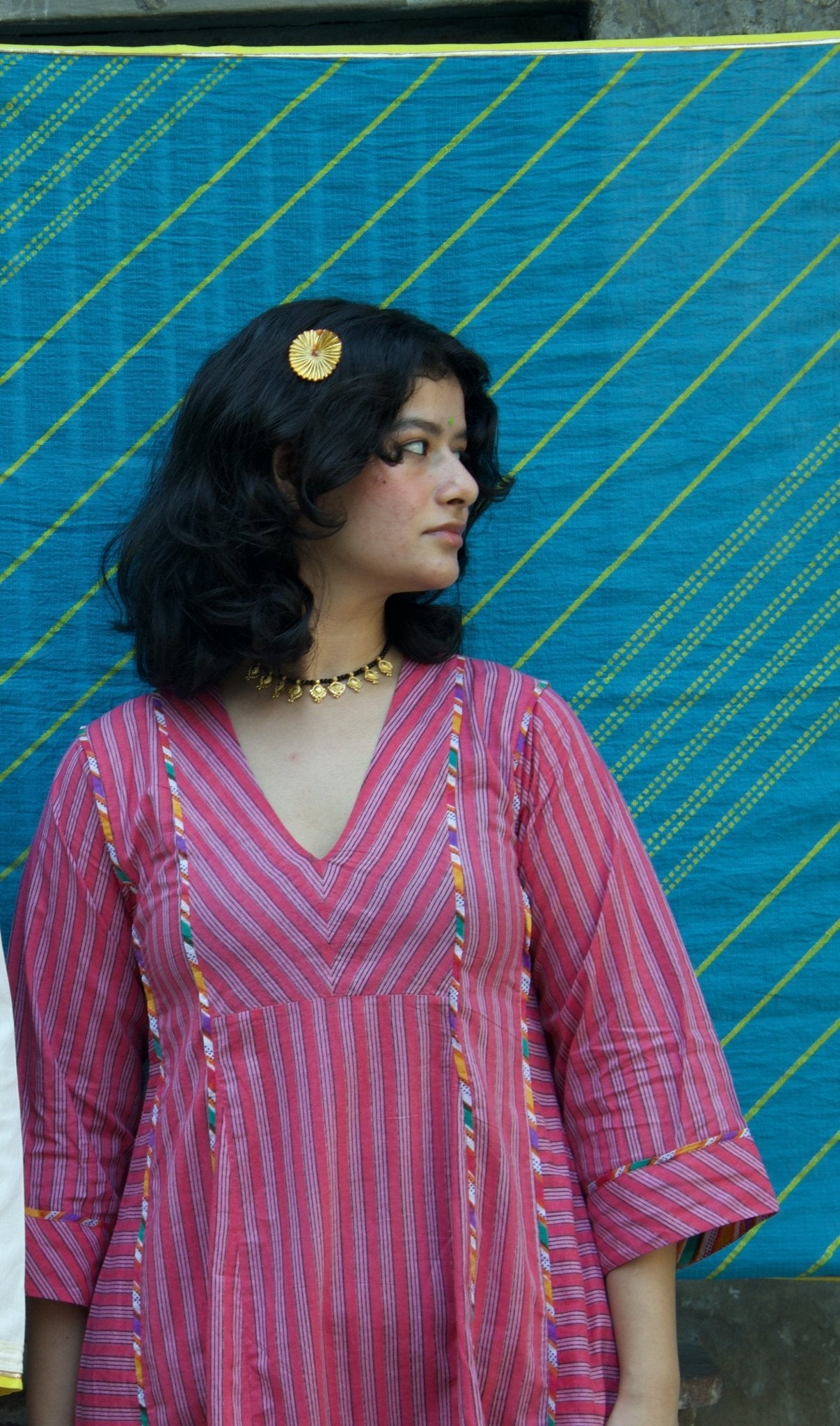 Anaaro - pink nohra kurta set in 100% cotton hand block print stripes with multicoloured piping - CiceroniKurta Set, Everyday WearAnaaro