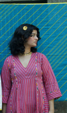 Anaaro - pink nohra kurta set in 100% cotton hand block print stripes with multicoloured piping - CiceroniKurta Set, Everyday WearAnaaro