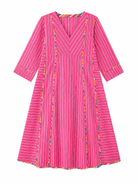 Anaaro - pink nohra kurta set in 100% cotton hand block print stripes with multicoloured piping - CiceroniKurta Set, Everyday WearAnaaro