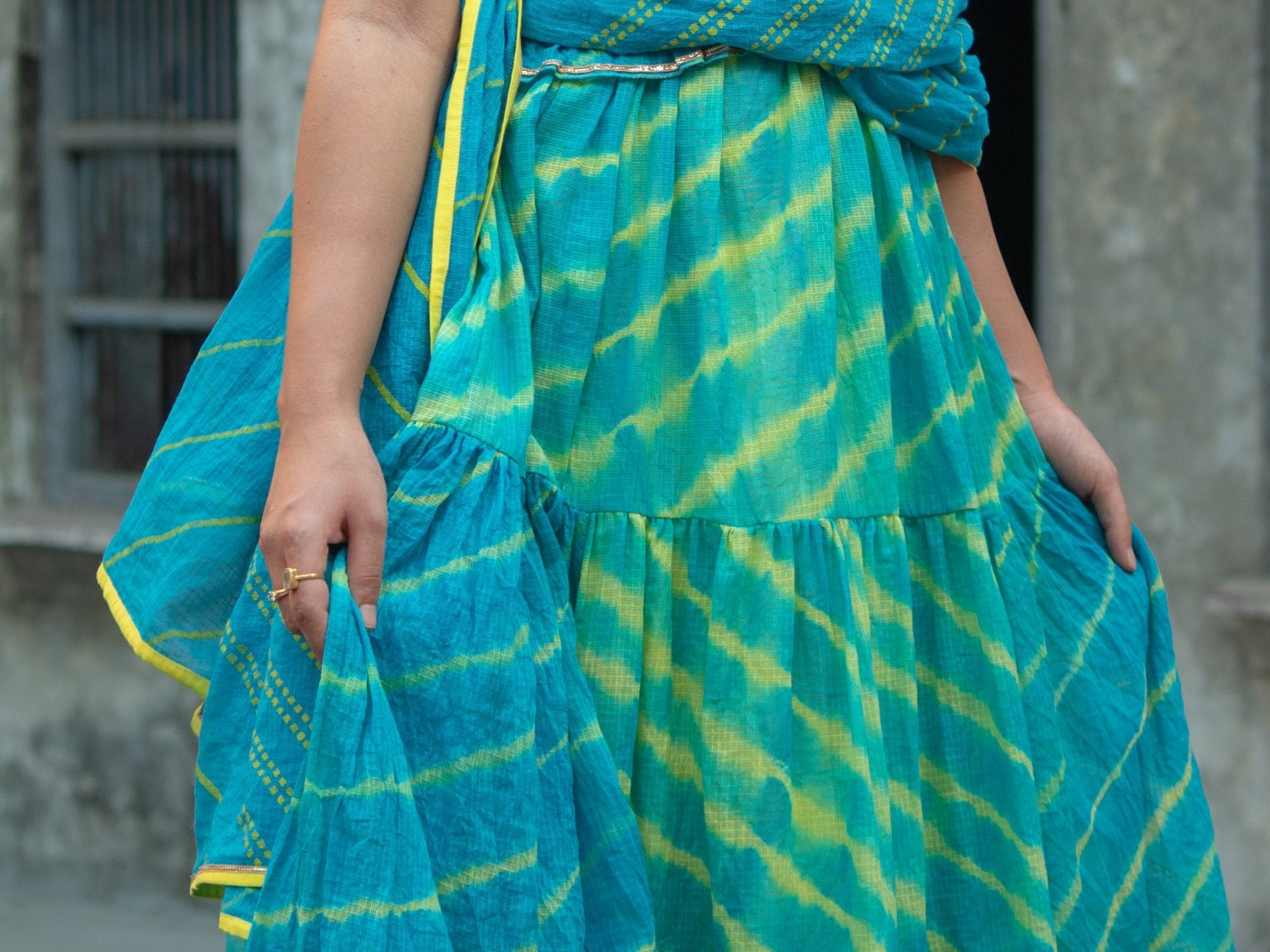 Anaaro - turquoise kanchli strappy dress in tie and dye Leheriya with gota detail - CiceroniDressAnaaro